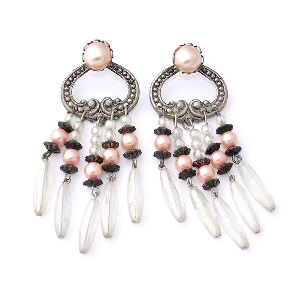 Vintage Pink Faux Pearl Dangle Earrings Long Beaded Fringe Clear Beads Silver - Picture 1 of 4